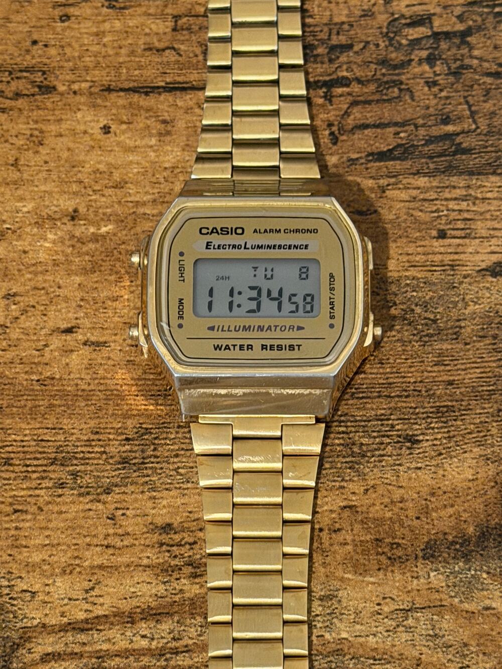 Casio Vintage A168WE Gold Tone Digital Illuminator Chronograph Watch Working
